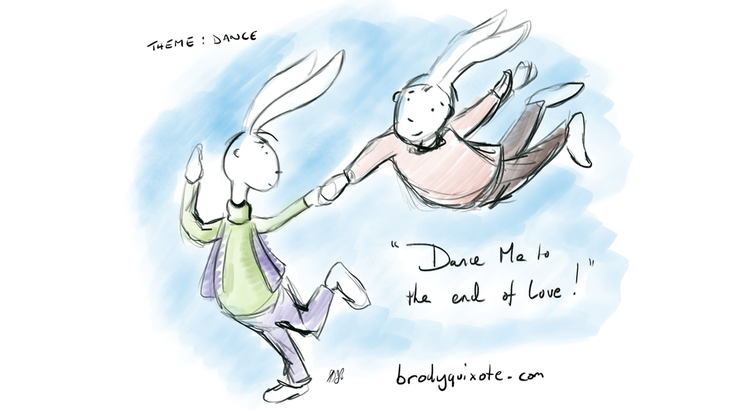 An illustration by brodyquixote of 2 rabbits dancing.