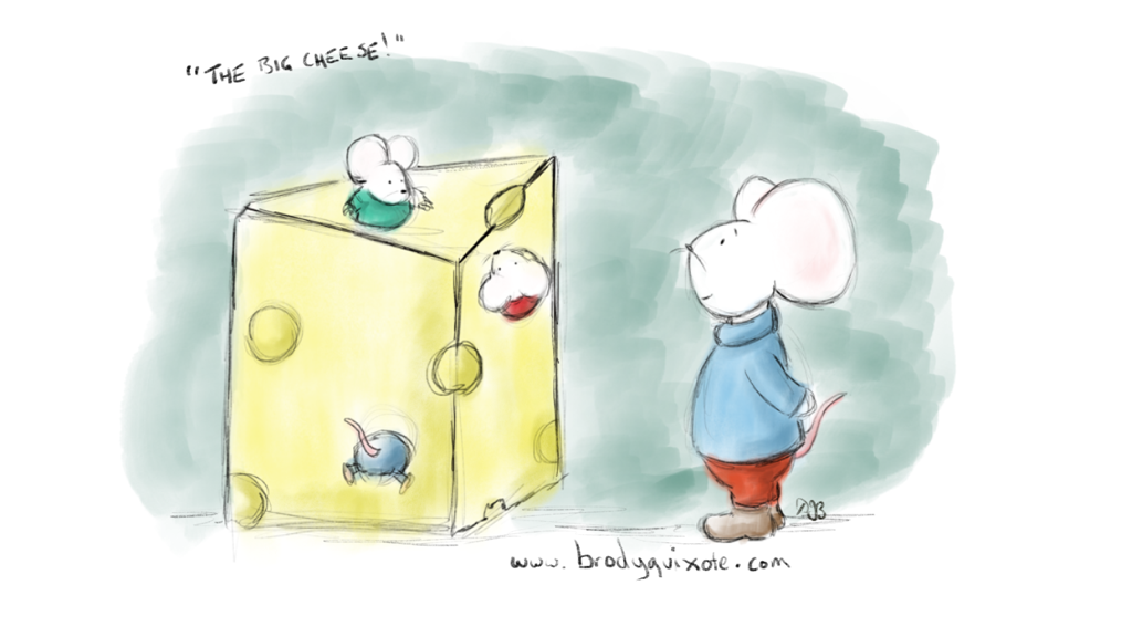 An illustration of happy mice playing in a block of cheese by brodyquixote.