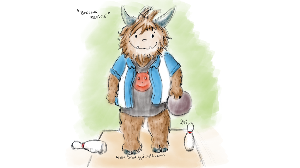 An illustration of a wee ten pin bowling beastie by brodyquixote