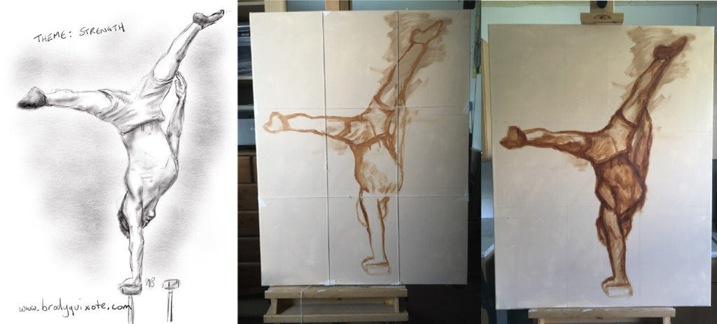 Progress triptych of brodyquixote's gymnast painting.