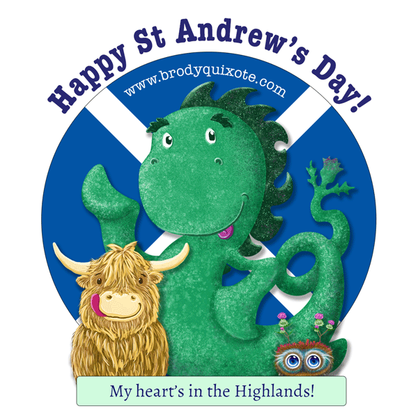 A picture of Nessie, hamigh the highland cow, and hoots toots haggis wishing everyone a Happy St Andrew's Day