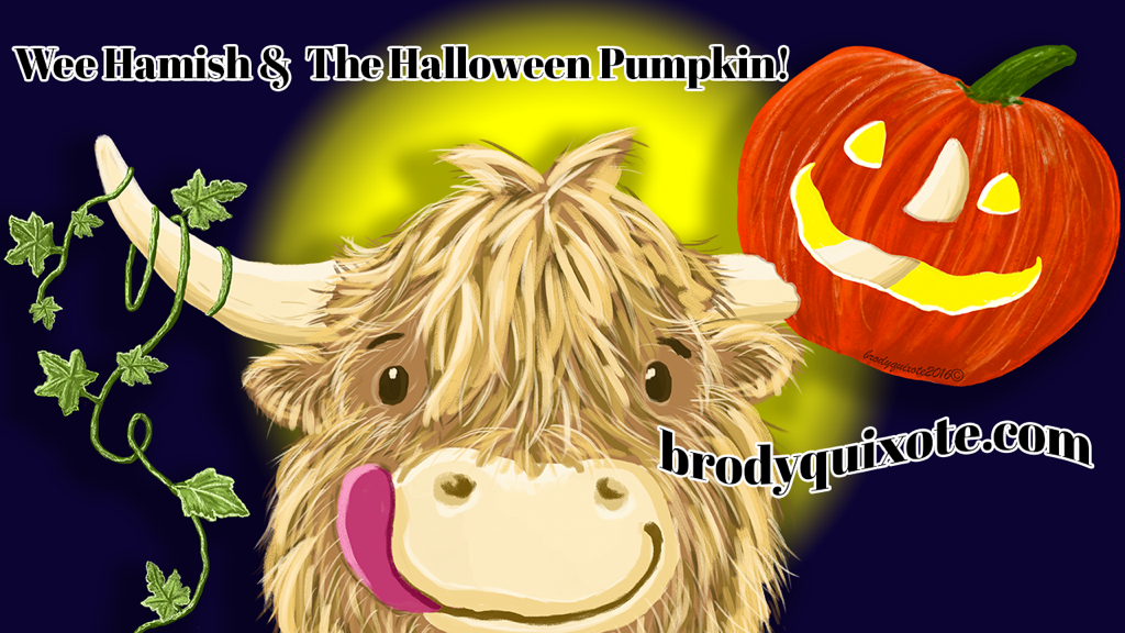An illustration of wee hamish the highland cow with a pumpkin and vine leaves on his horns for halloween.
