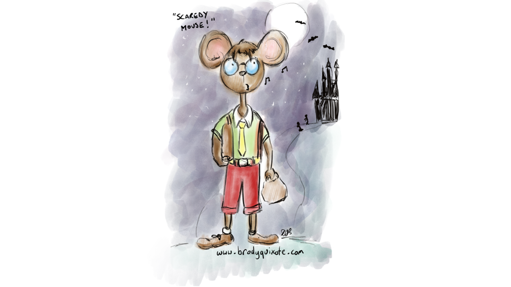 An illustration of a scaredy mouse walking home at midnight, by brodyquixote