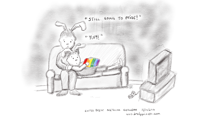 Illustration of two gay rabbits sitting on a sofa.