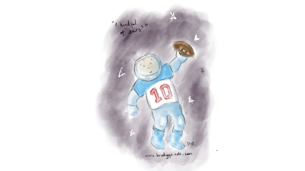 A sketch by brodyquixote of a spaceman playing american football.