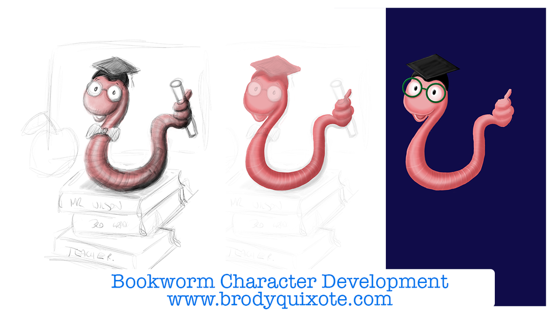 An illustration of the character development of a wriggly jiggly bookworm! by brodyquixote