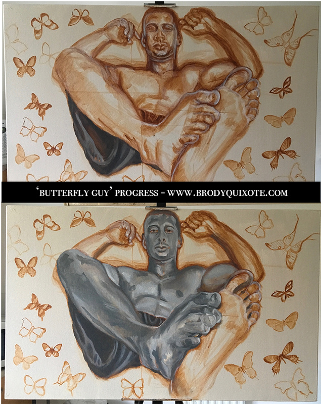 A photograph of the progress of the 'Butterfly Guy' oil painting by brodyquixote