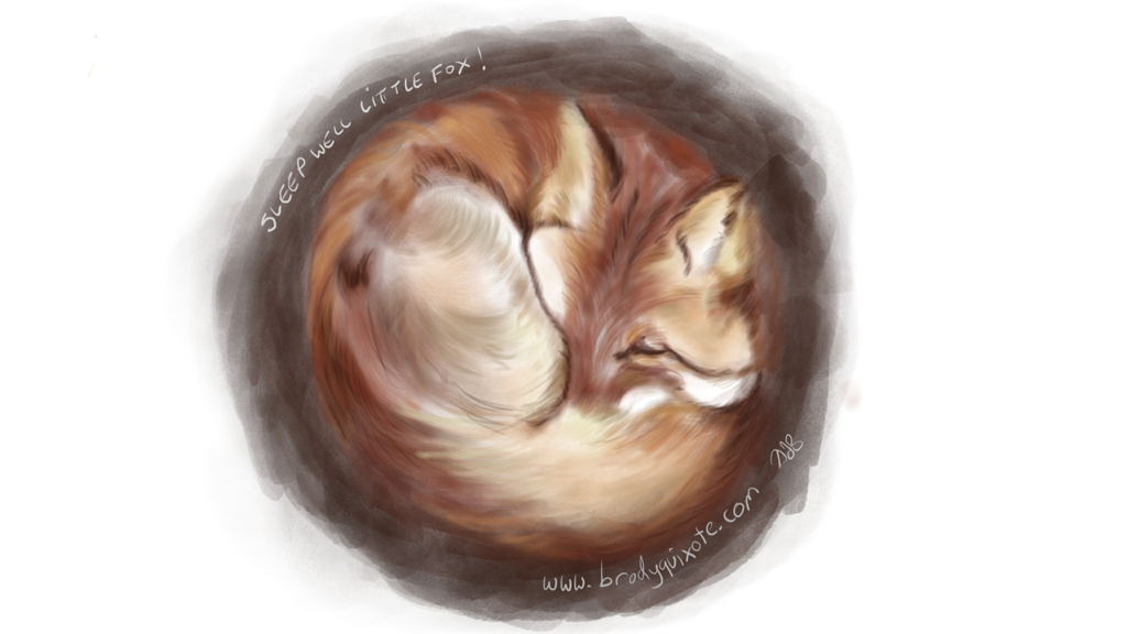 An illustration by brodyquixote of a wee fox having a dream