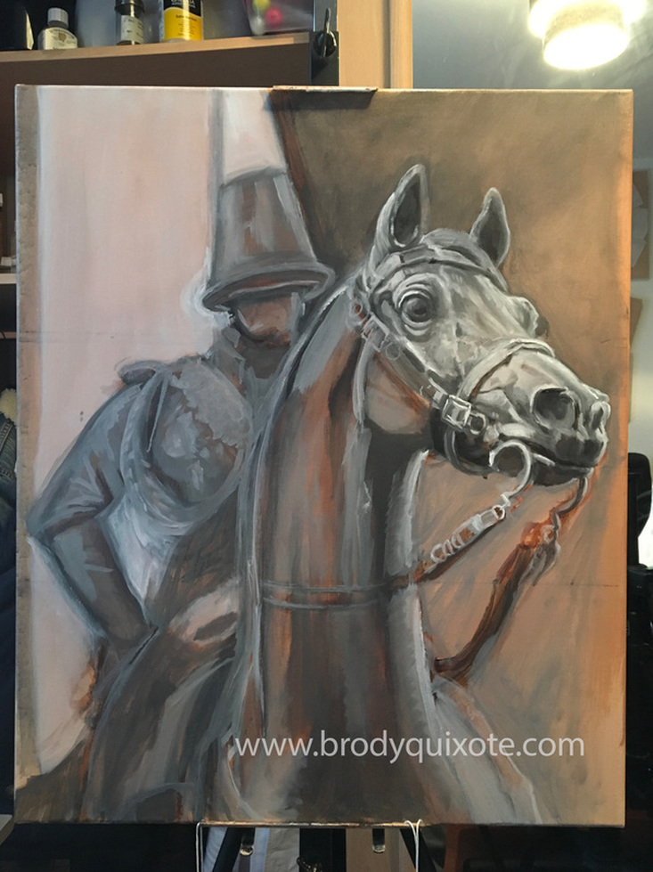 A photograph of day 4 of the Duke Of Wellington equestrian statue painting by brodyquixote