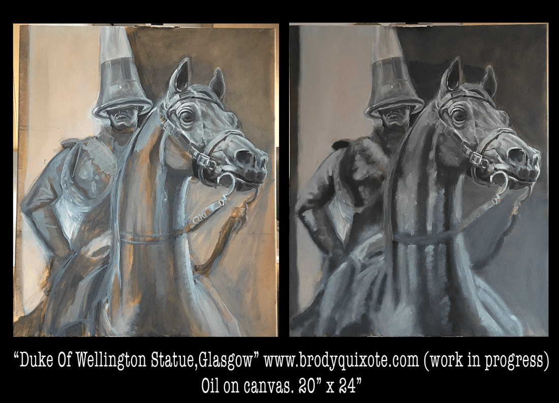 Photograph of progression of brodyquixote's painting of the Duke Of Wellington statue in Glasgow.