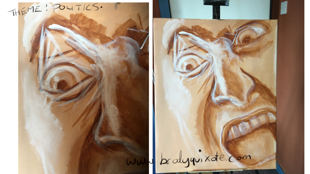 First stages of a painting by brodyquixote of an angry face in the crowd at a political rally