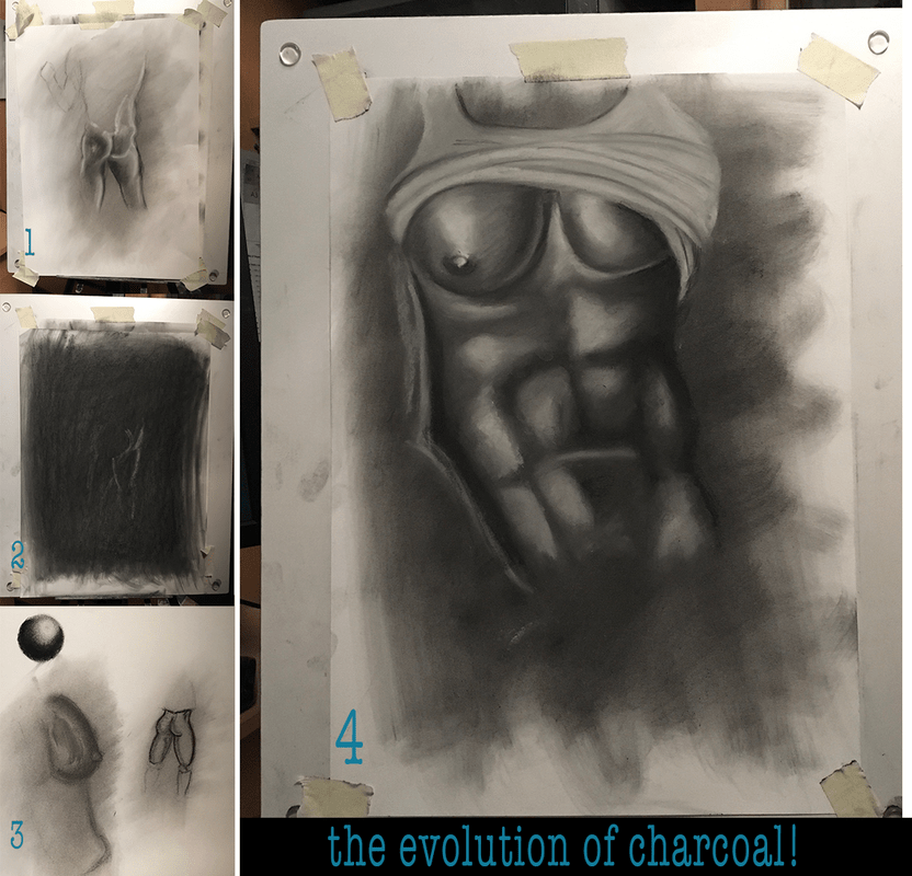 The evolution of charcoal drawign from brodyquixote's first session using it.