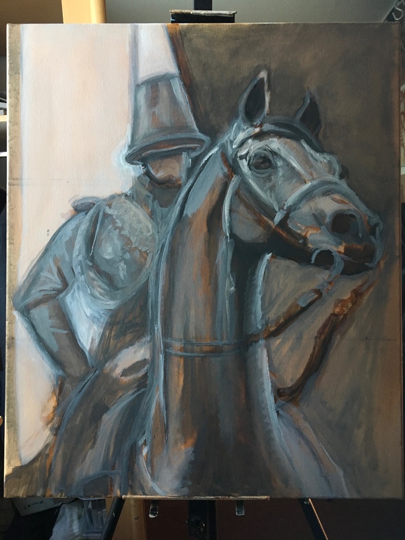A photograph of the grisaille layer of brodyquixote's painting of the Duke of Wellington Statue in Glasgow