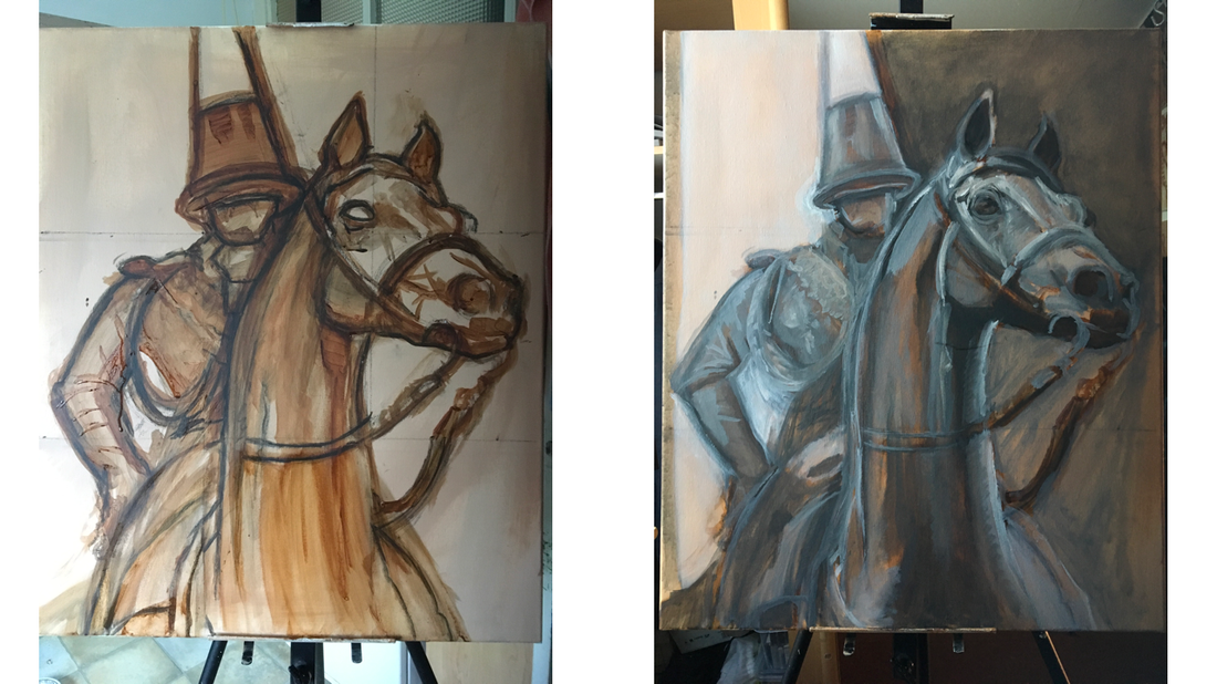 A photograph of brodyquixotes sketch, and grisaille layer of his painting of The Duke Of Wellington statue.