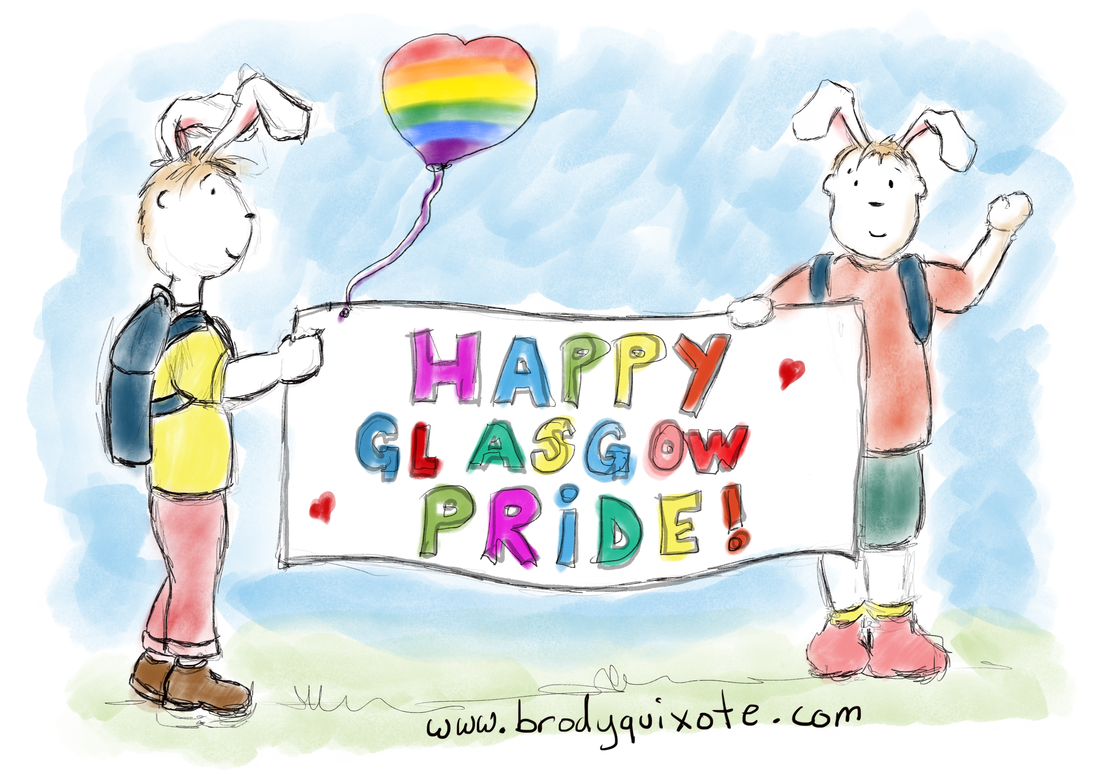 An illustration of two rabbits with a banner supporting Glasgow Gay Pride, by brodyquixote.