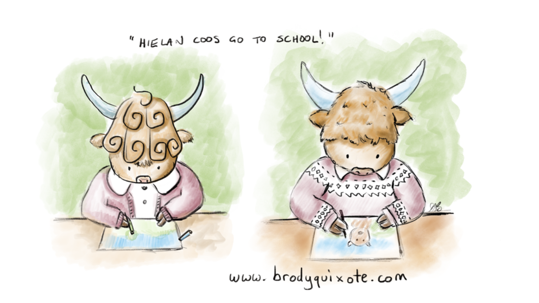 An illustration of two highland cows in school. by brodyquixote.