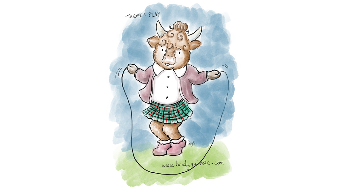 An illustration of a wee highland cow skipping by brodyquixote