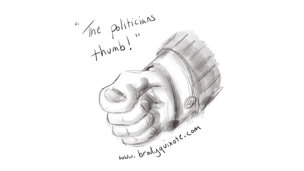 An illustration of the politician's thumb gesture, by brodyquixote.