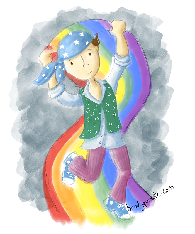 A drawing by brodyquixote of a little gypsy boy carrying a rainbow flag