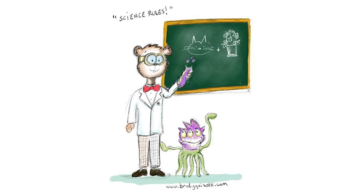 An illustration of a science professor and his cat by brodyquixote.