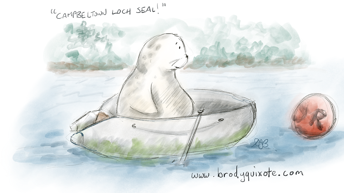 An illustration of a seal in a boat on Campbeltown Loch, by brodyquixote.