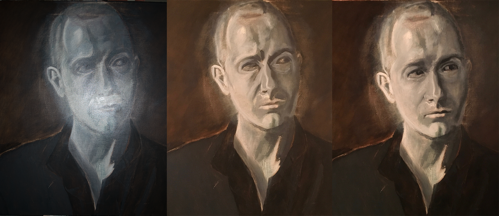 A photograph showing the stages of rescuing an oil painting self portrait