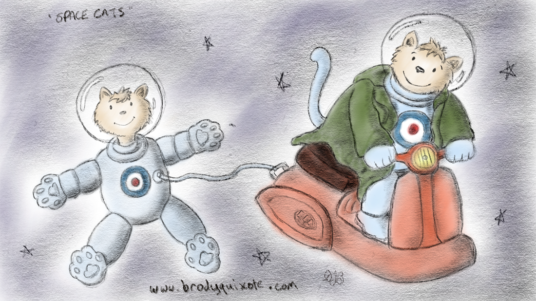 Two space cats riding a vespa in an illustration by brodyquixote