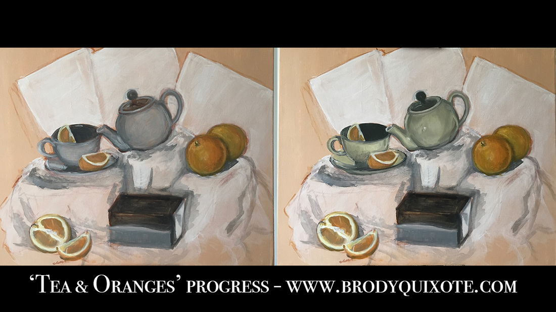 A photograph of the progress of brodyquixote's 'Tea And Oranges' painting.