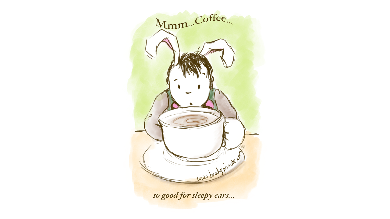 An illustration by brodyquixote of a sleepy rabbit blowing on his coffee to cool it down!