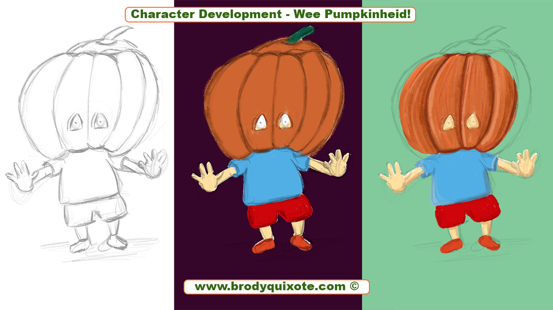 An illustration charting the character development of 'Wee Pumpkinheid' by brodyquixote
