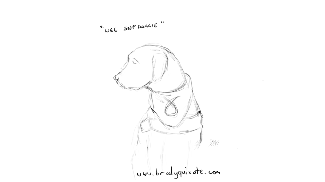An illustration by brodyquixote of a  cute little dog wearing an SNP bandana.