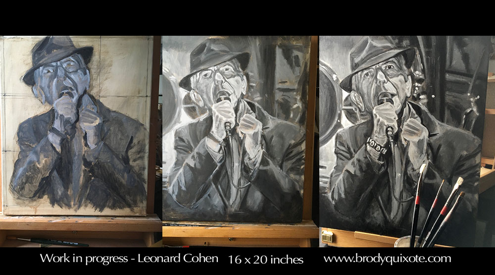 A work in progress photograph of a new Leonard Cohen painting by David Brodie of brodyquixote.